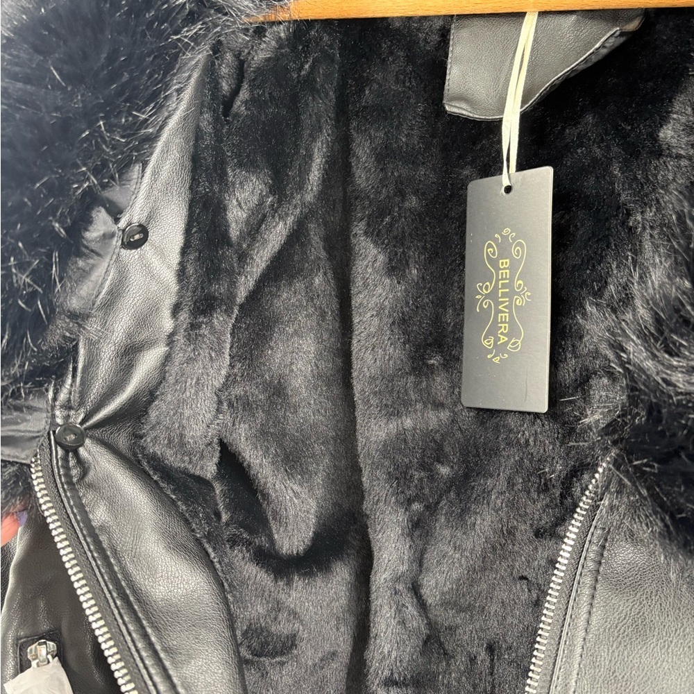 NWT Bellivera Faux Fur Black Leather Moto Biker Jacket size Large - Picture 6 of 9